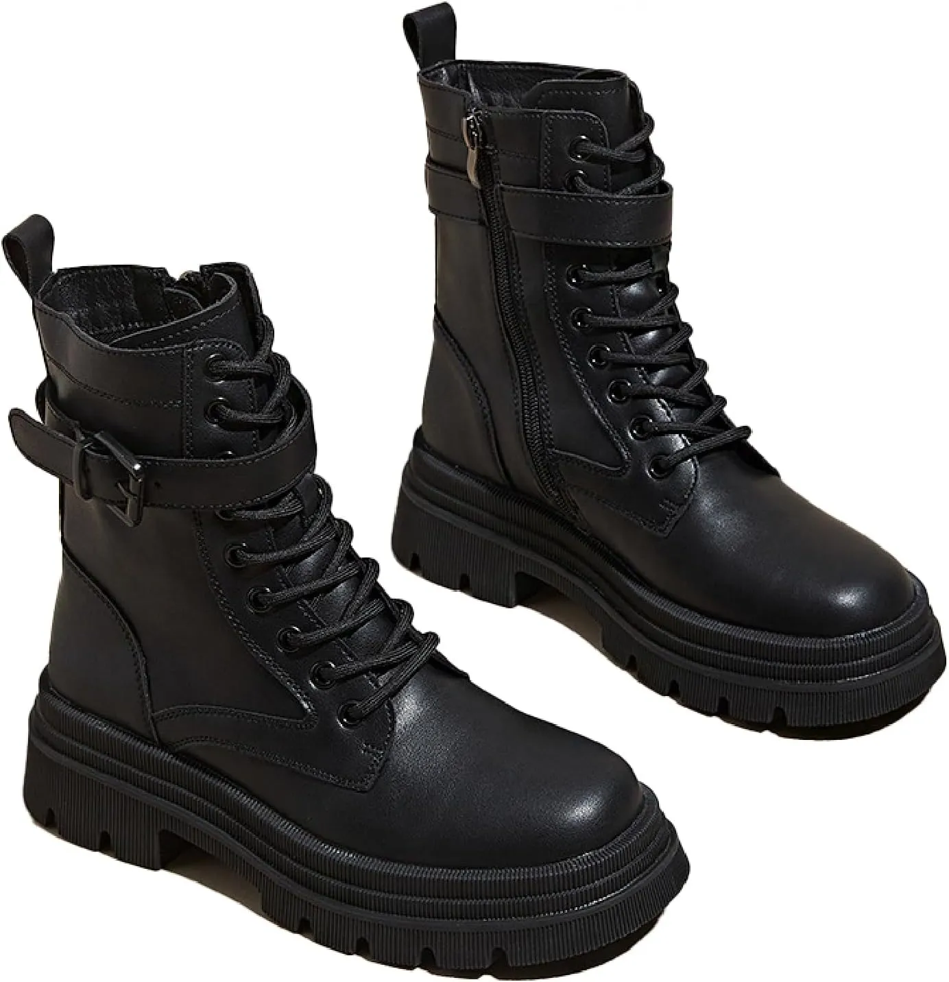 Women's Genuine Leather Lace-up Combat Ankle Boots with Side Zipper Fashion Comfort Round Toe Lug Sole Low Chunky Heel Booties Hollow Breathable Work Dress Boots