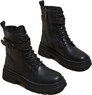 Women's Genuine Leather Lace-up Combat Ankle Boots with Side Zipper Fashion Comfort Round Toe Lug Sole Low Chunky Heel Booties Hollow Breathable Work Dress Boots