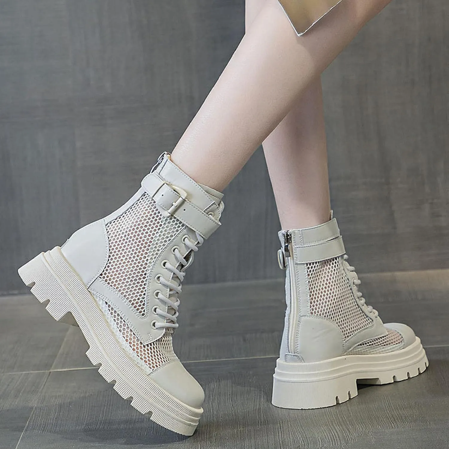 Women's Genuine Leather Lace-up Combat Ankle Boots with Side Zipper Fashion Comfort Round Toe Lug Sole Low Chunky Heel Booties Hollow Breathable Work Dress Boots