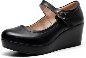 Women's Genuine Leather Platform Wedge Mary Jane Shoes Classic Round to Ankle Strap Height Increase Dress Pumps Daily Business Office Formal Shoes