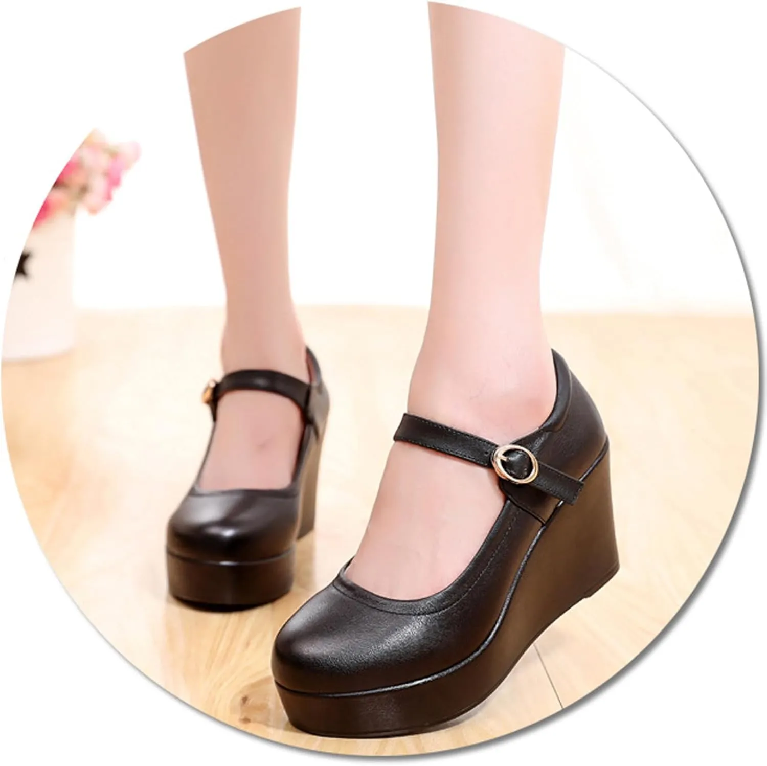 Women's Genuine Leather Platform Wedge Mary Jane Shoes Classic Round to Ankle Strap Height Increase Dress Pumps Daily Business Office Formal Shoes