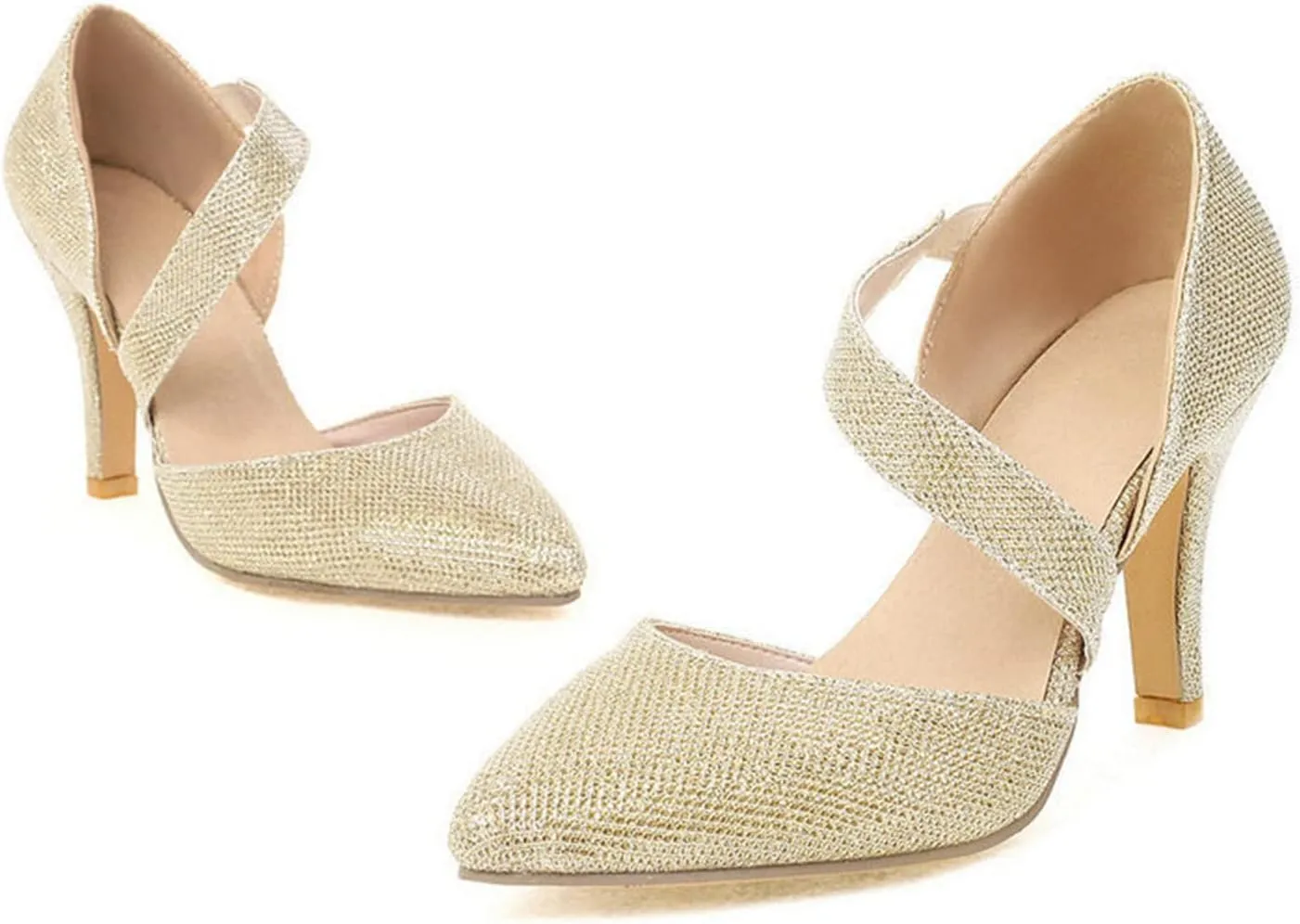 Women's High Heel Dress Pumps Sparkly Sequins Ankle Cross Strap Prom Evening Stiletto Party Shoes