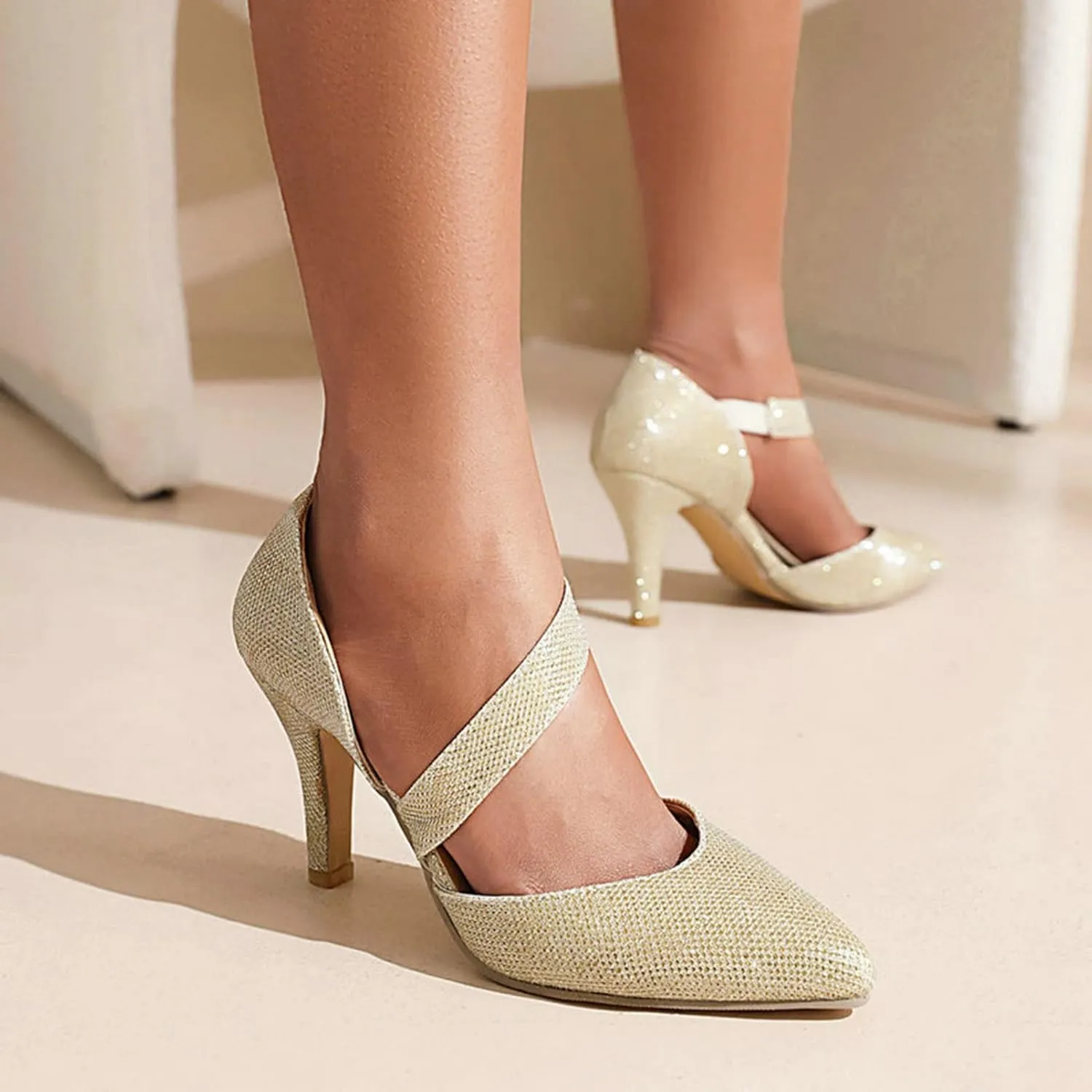 Women's High Heel Dress Pumps Sparkly Sequins Ankle Cross Strap Prom Evening Stiletto Party Shoes