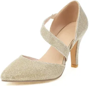 Women's High Heel Dress Pumps Sparkly Sequins Ankle Cross Strap Prom Evening Stiletto Party Shoes