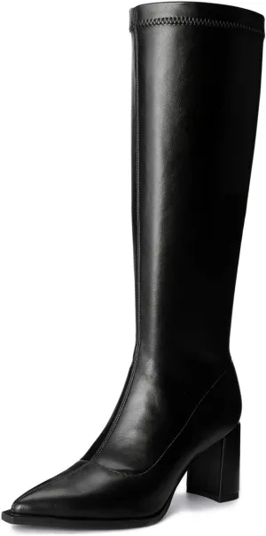 Women's Knee High Boots Block Heel Pointed Toe Side Zipper Stretchy PU Leather Party Sexy Dress Long Boots
