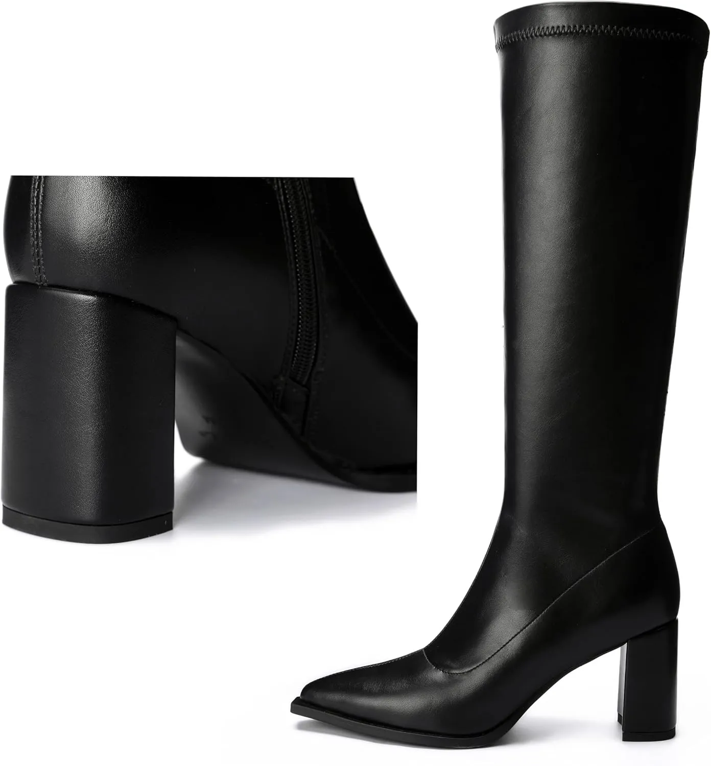 Women's Knee High Boots Block Heel Pointed Toe Side Zipper Stretchy PU Leather Party Sexy Dress Long Boots