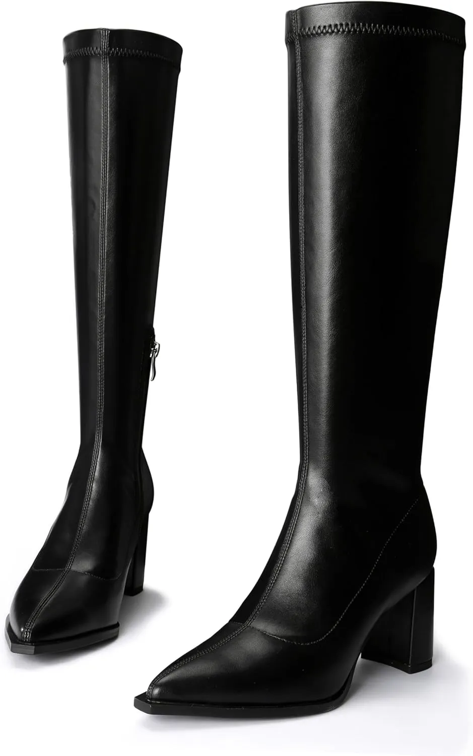Women's Knee High Boots Block Heel Pointed Toe Side Zipper Stretchy PU Leather Party Sexy Dress Long Boots