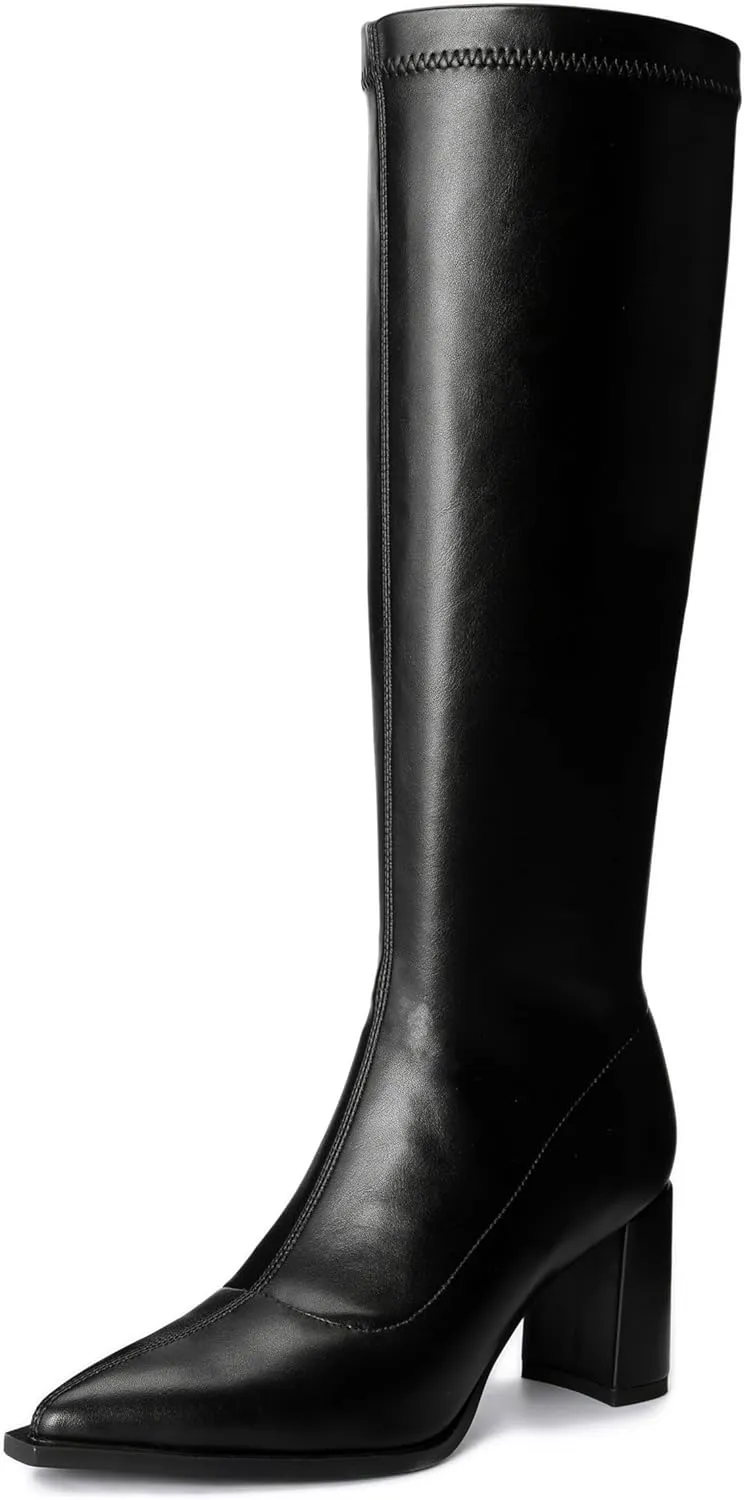 Women's Knee High Boots Block Heel Pointed Toe Side Zipper Stretchy PU Leather Party Sexy Dress Long Boots