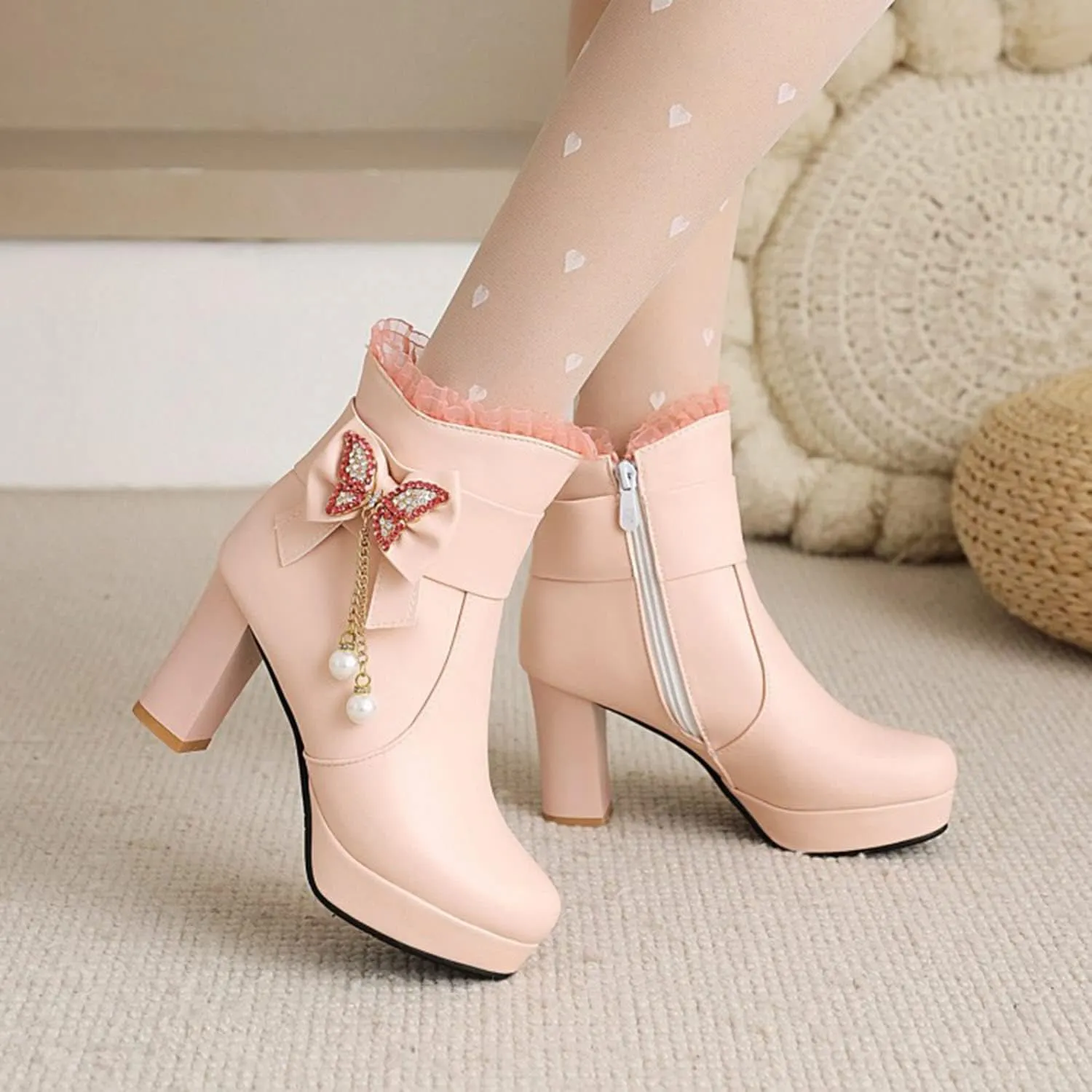 Womens Lace Rhinestone Bow Ankle Boots PU Leather Round Toe Chunky High Heels Zipper Booties Dress Wedding Fall Booties Shoes