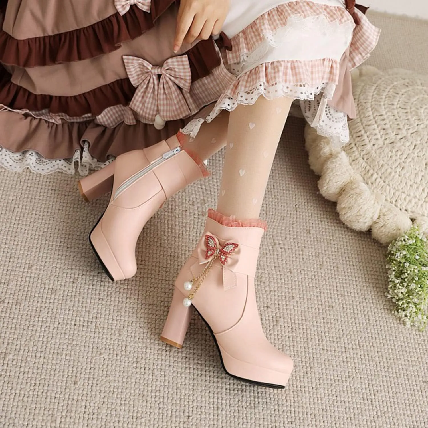 Womens Lace Rhinestone Bow Ankle Boots PU Leather Round Toe Chunky High Heels Zipper Booties Dress Wedding Fall Booties Shoes