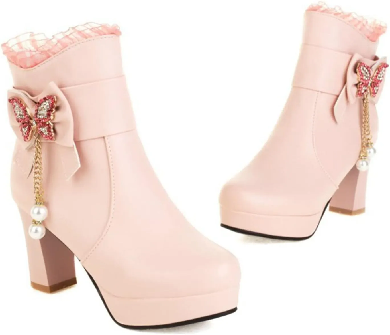 Womens Lace Rhinestone Bow Ankle Boots PU Leather Round Toe Chunky High Heels Zipper Booties Dress Wedding Fall Booties Shoes