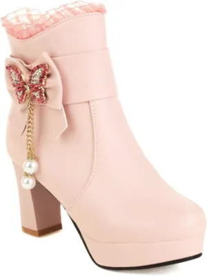 Womens Lace Rhinestone Bow Ankle Boots PU Leather Round Toe Chunky High Heels Zipper Booties Dress Wedding Fall Booties Shoes