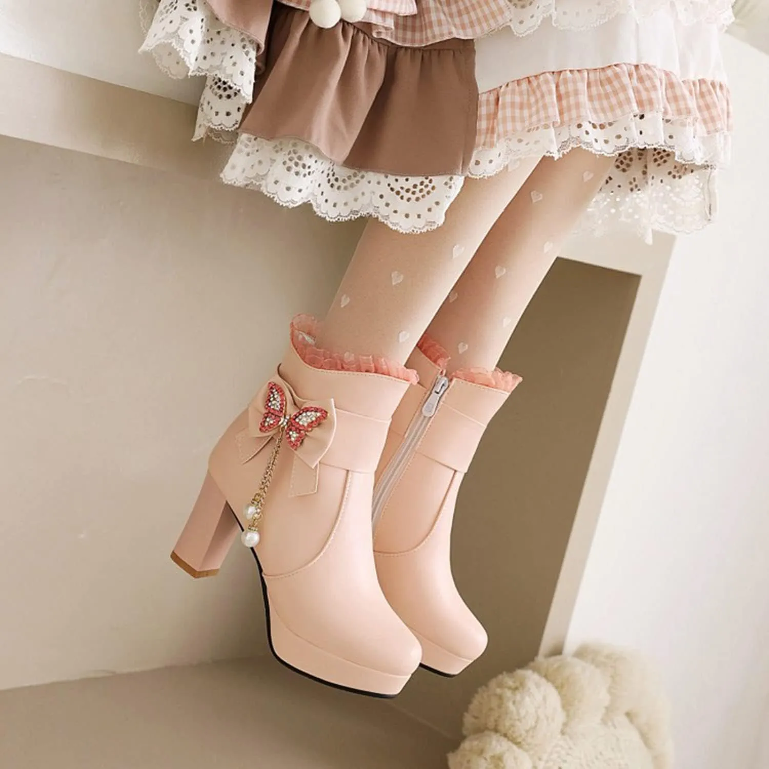 Womens Lace Rhinestone Bow Ankle Boots PU Leather Round Toe Chunky High Heels Zipper Booties Dress Wedding Fall Booties Shoes