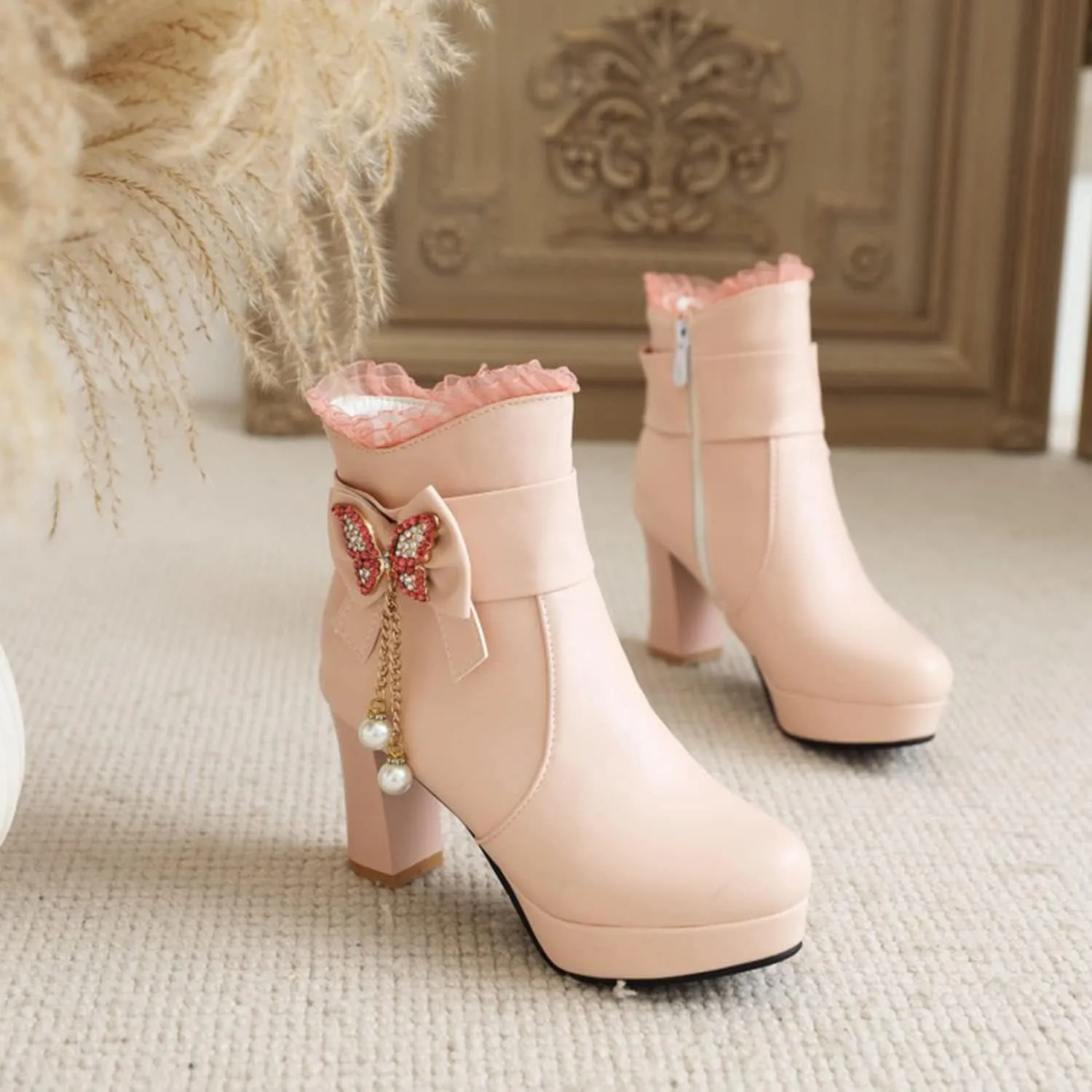 Womens Lace Rhinestone Bow Ankle Boots PU Leather Round Toe Chunky High Heels Zipper Booties Dress Wedding Fall Booties Shoes