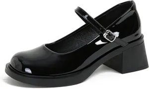 Womens Leather Chunky Low Heel Mary Jane Shoes Round Toe Anti-Slip Adjustable Buckle Block Heel Bow Internal Increase Vintage Comfortable Uniform Work Pumps
