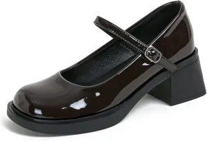 Womens Leather Chunky Low Heel Mary Jane Shoes Round Toe Anti-Slip Adjustable Buckle Block Heel Bow Internal Increase Vintage Comfortable Uniform Work Pumps