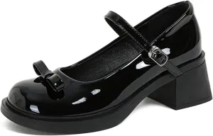 Womens Leather Chunky Low Heel Mary Jane Shoes Round Toe Anti-Slip Adjustable Buckle Block Heel Bow Internal Increase Vintage Comfortable Uniform Work Pumps