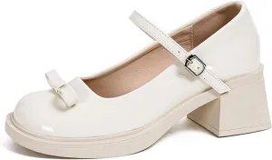 Womens Leather Chunky Low Heel Mary Jane Shoes Round Toe Anti-Slip Adjustable Buckle Block Heel Bow Internal Increase Vintage Comfortable Uniform Work Pumps