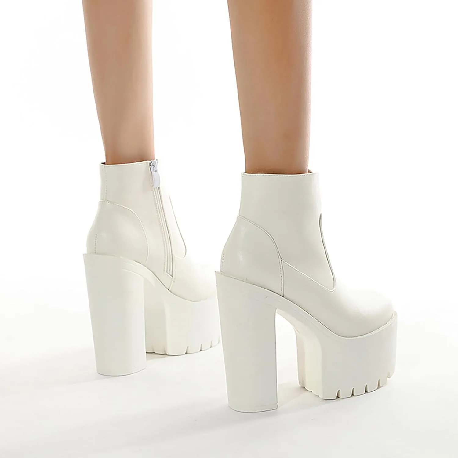 Women'S Leather Round Toe Platform High Chunky Heel Ankle Boots Fall Winter Fashion Side Zipper Lug Sole Block Heels Sock Boots Comfort Dress Party Bootie Shoes
