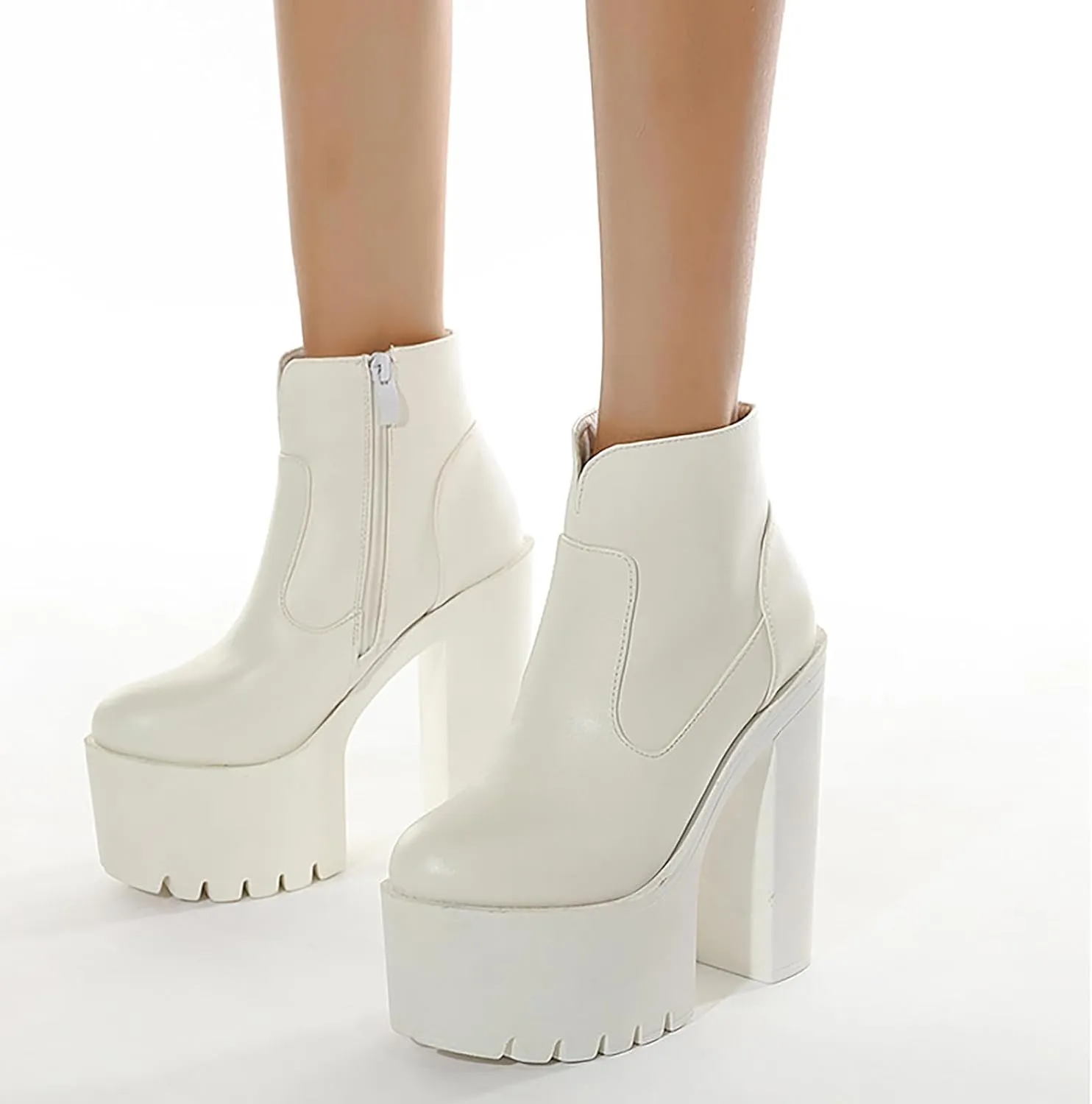 Women'S Leather Round Toe Platform High Chunky Heel Ankle Boots Fall Winter Fashion Side Zipper Lug Sole Block Heels Sock Boots Comfort Dress Party Bootie Shoes