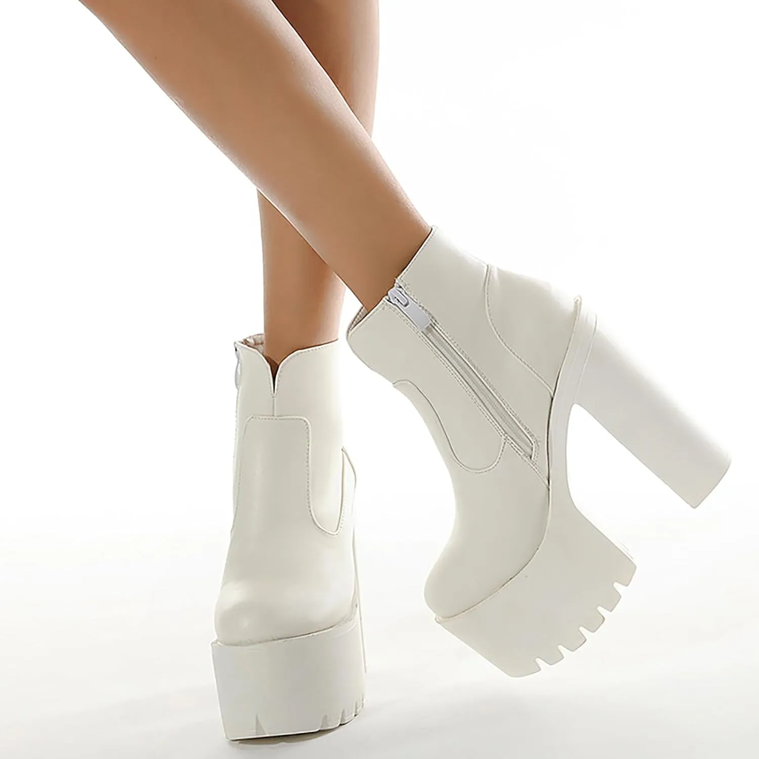 Women'S Leather Round Toe Platform High Chunky Heel Ankle Boots Fall Winter Fashion Side Zipper Lug Sole Block Heels Sock Boots Comfort Dress Party Bootie Shoes