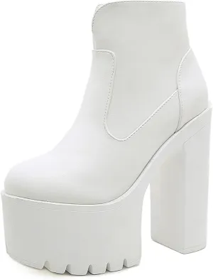 Women'S Leather Round Toe Platform High Chunky Heel Ankle Boots Fall Winter Fashion Side Zipper Lug Sole Block Heels Sock Boots Comfort Dress Party Bootie Shoes