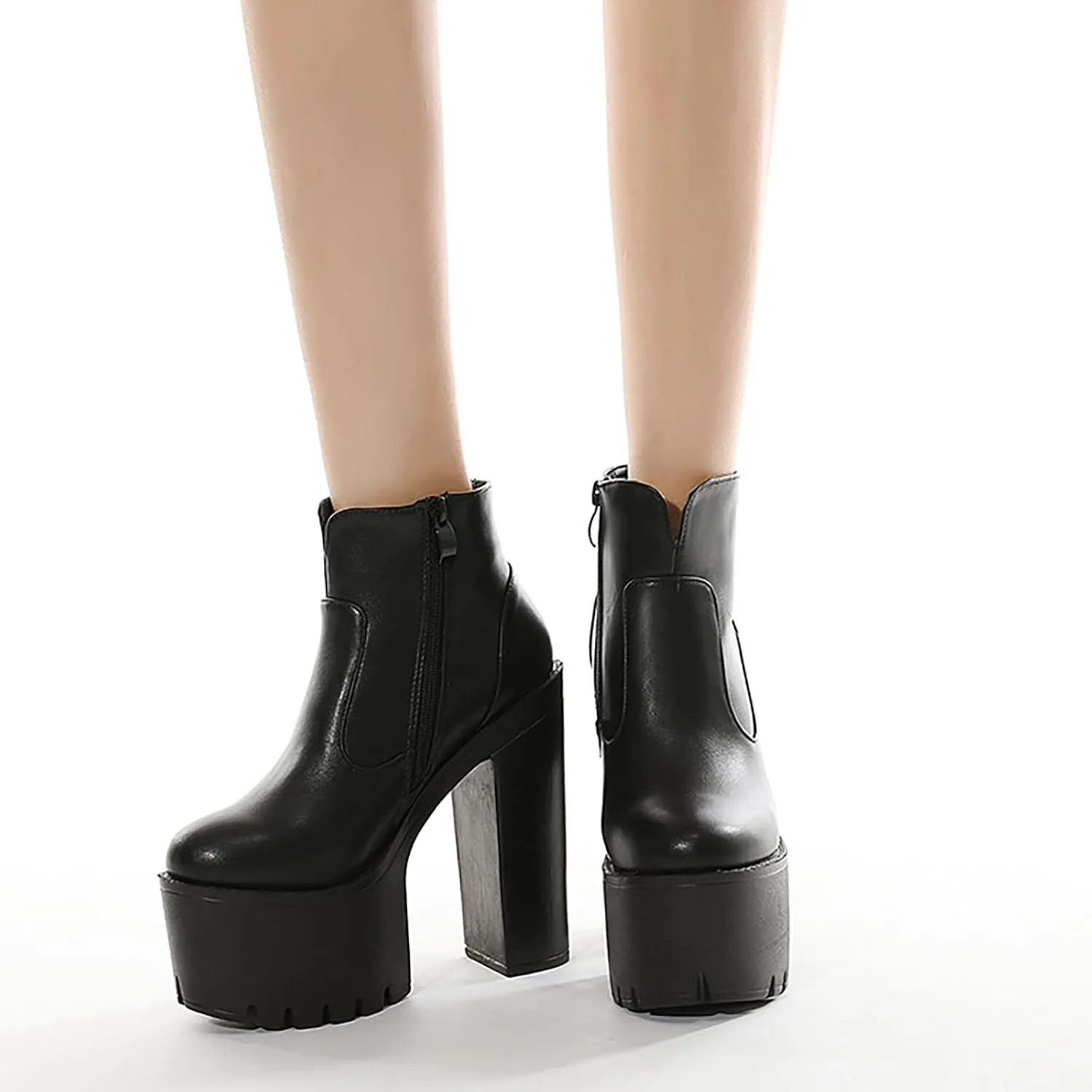 Women'S Leather Round Toe Platform High Chunky Heel Ankle Boots Fall Winter Fashion Side Zipper Lug Sole Block Heels Sock Boots Comfort Dress Party Bootie Shoes