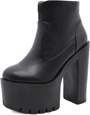 Women'S Leather Round Toe Platform High Chunky Heel Ankle Boots Fall Winter Fashion Side Zipper Lug Sole Block Heels Sock Boots Comfort Dress Party Bootie Shoes