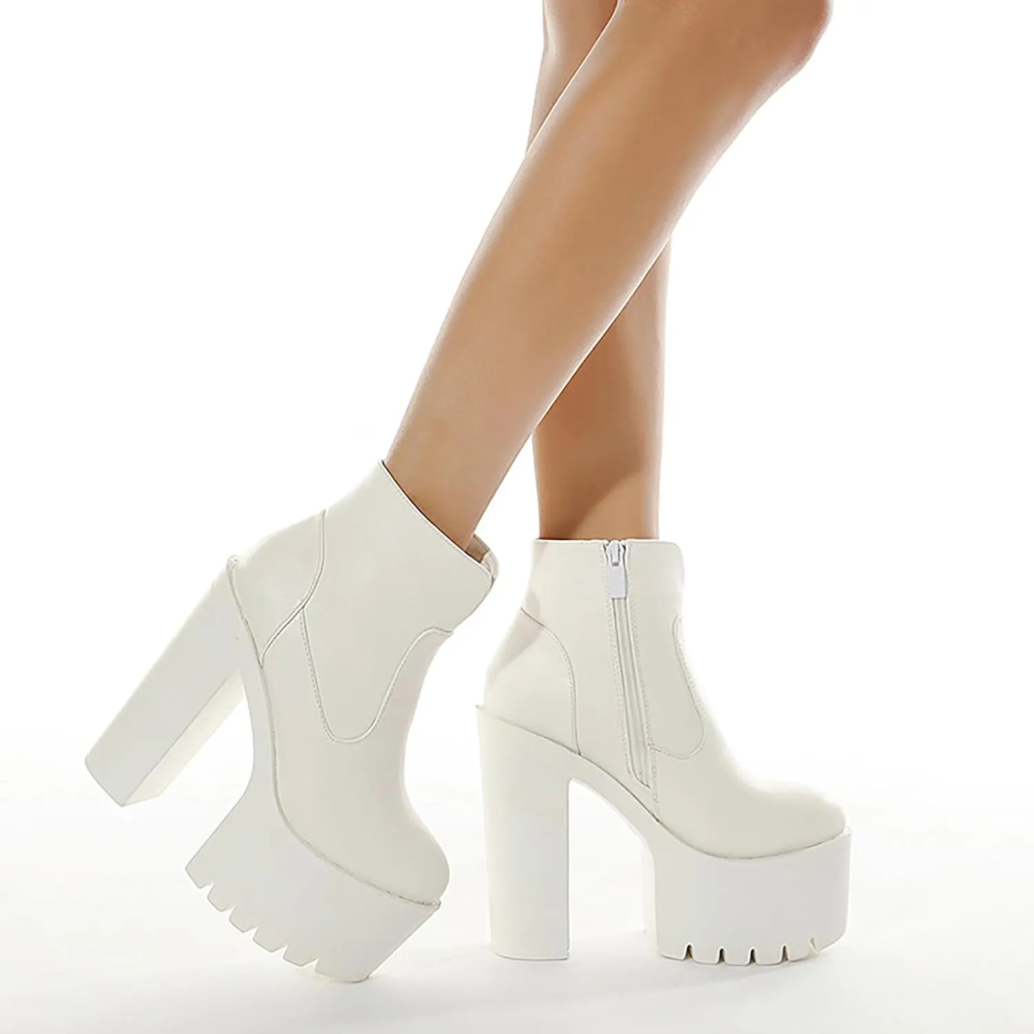 Women'S Leather Round Toe Platform High Chunky Heel Ankle Boots Fall Winter Fashion Side Zipper Lug Sole Block Heels Sock Boots Comfort Dress Party Bootie Shoes