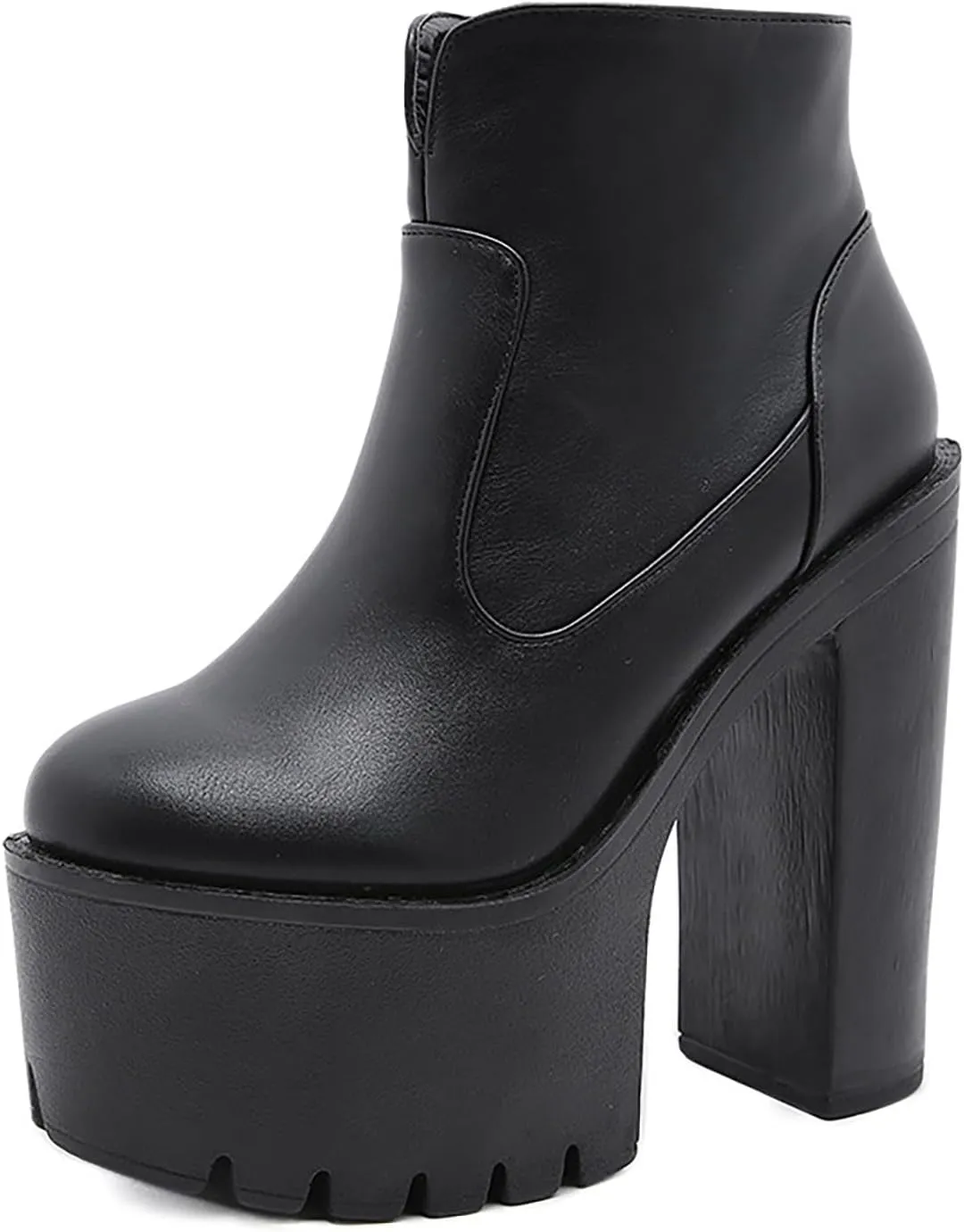 Women'S Leather Round Toe Platform High Chunky Heel Ankle Boots Fall Winter Fashion Side Zipper Lug Sole Block Heels Sock Boots Comfort Dress Party Bootie Shoes