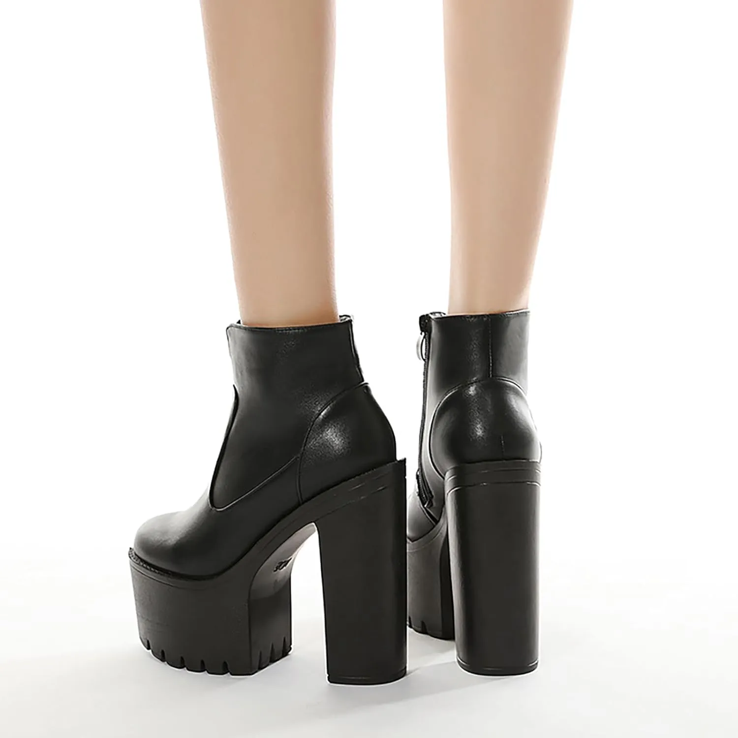 Women'S Leather Round Toe Platform High Chunky Heel Ankle Boots Fall Winter Fashion Side Zipper Lug Sole Block Heels Sock Boots Comfort Dress Party Bootie Shoes