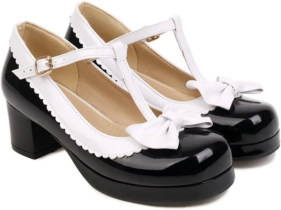 Women's Lolita T-Strap Bow Ankle Strap Mary Jane Pumps Round Toe Platform Chunky Mid Heel Dress Shoes