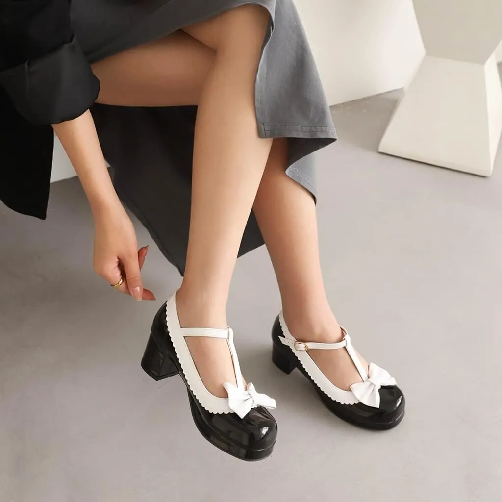 Women's Lolita T-Strap Bow Ankle Strap Mary Jane Pumps Round Toe Platform Chunky Mid Heel Dress Shoes