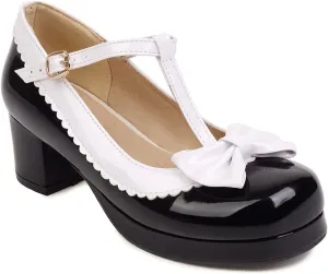 Women's Lolita T-Strap Bow Ankle Strap Mary Jane Pumps Round Toe Platform Chunky Mid Heel Dress Shoes