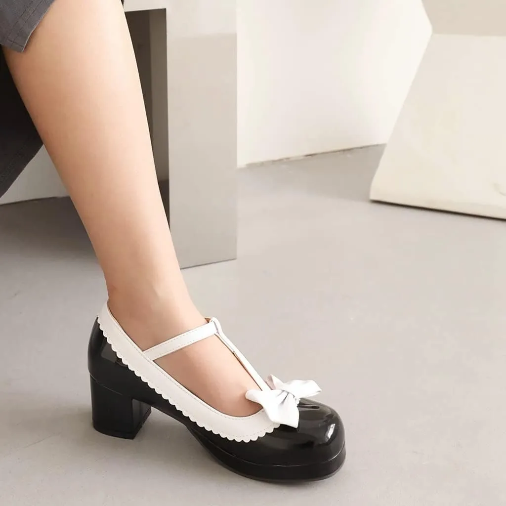 Women's Lolita T-Strap Bow Ankle Strap Mary Jane Pumps Round Toe Platform Chunky Mid Heel Dress Shoes