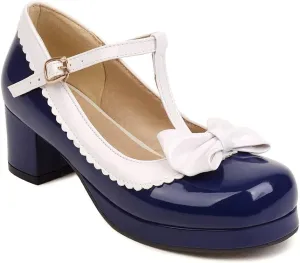 Women's Lolita T-Strap Bow Ankle Strap Mary Jane Pumps Round Toe Platform Chunky Mid Heel Dress Shoes