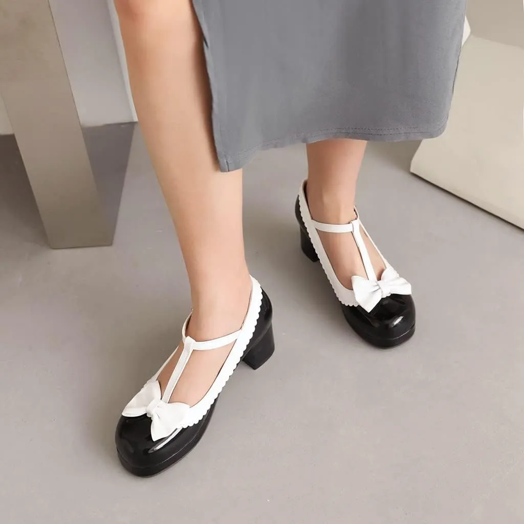 Women's Lolita T-Strap Bow Ankle Strap Mary Jane Pumps Round Toe Platform Chunky Mid Heel Dress Shoes