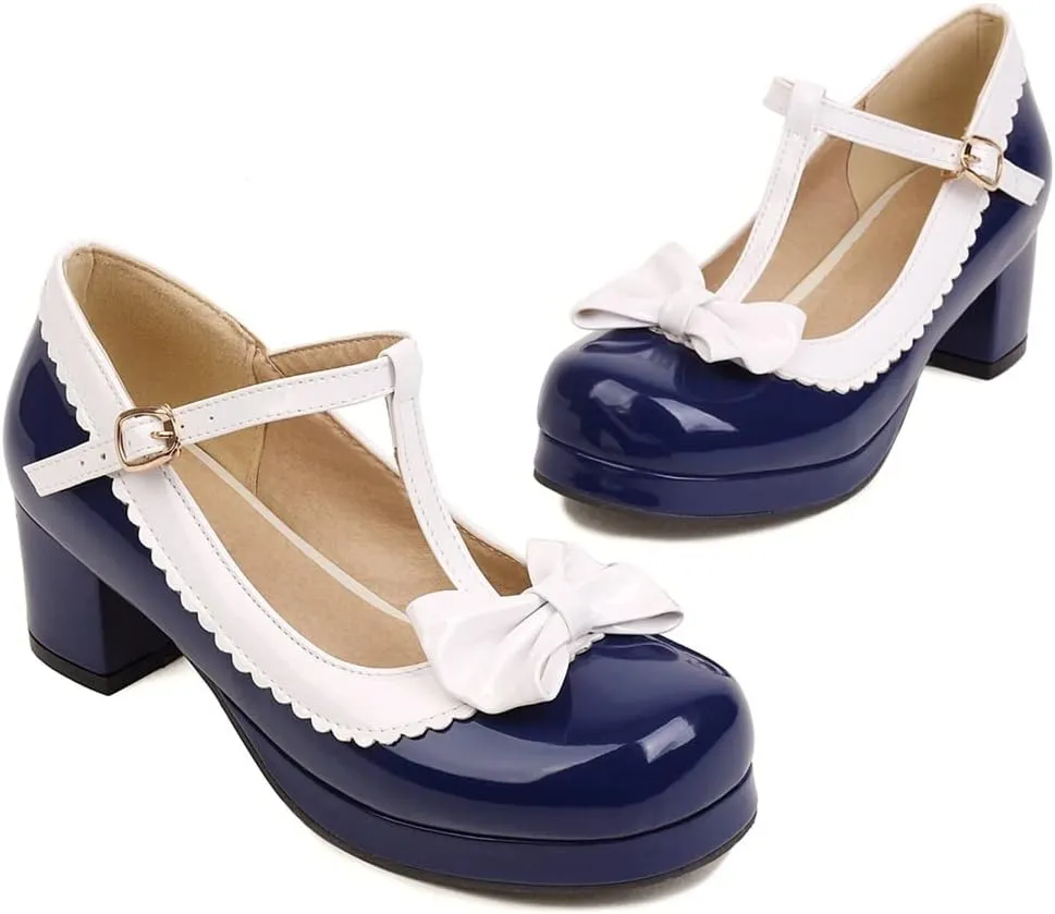 Women's Lolita T-Strap Bow Ankle Strap Mary Jane Pumps Round Toe Platform Chunky Mid Heel Dress Shoes