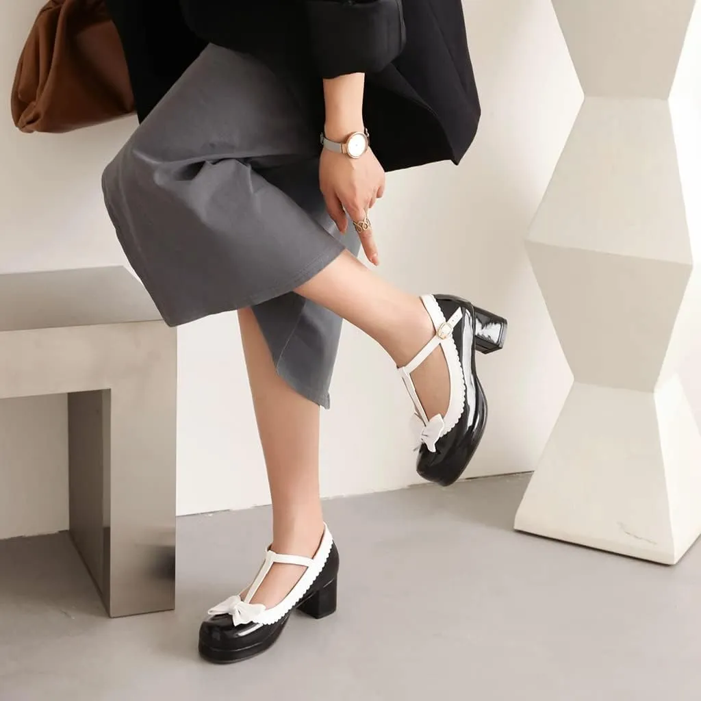 Women's Lolita T-Strap Bow Ankle Strap Mary Jane Pumps Round Toe Platform Chunky Mid Heel Dress Shoes