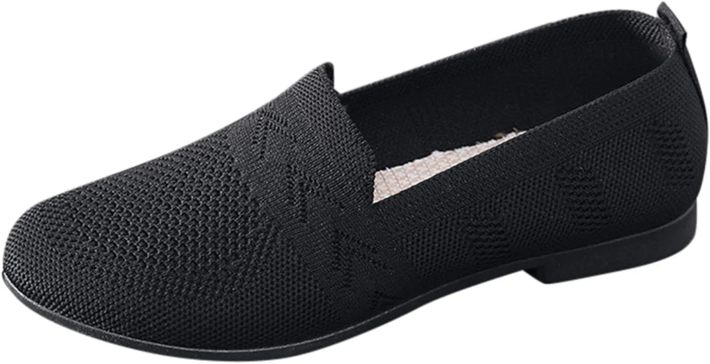 Women's Low Heel Casual Shoes Mesh Breathable Slip On Sneakers Comfortable Wide Width Work Shoes Summer Knit Flats