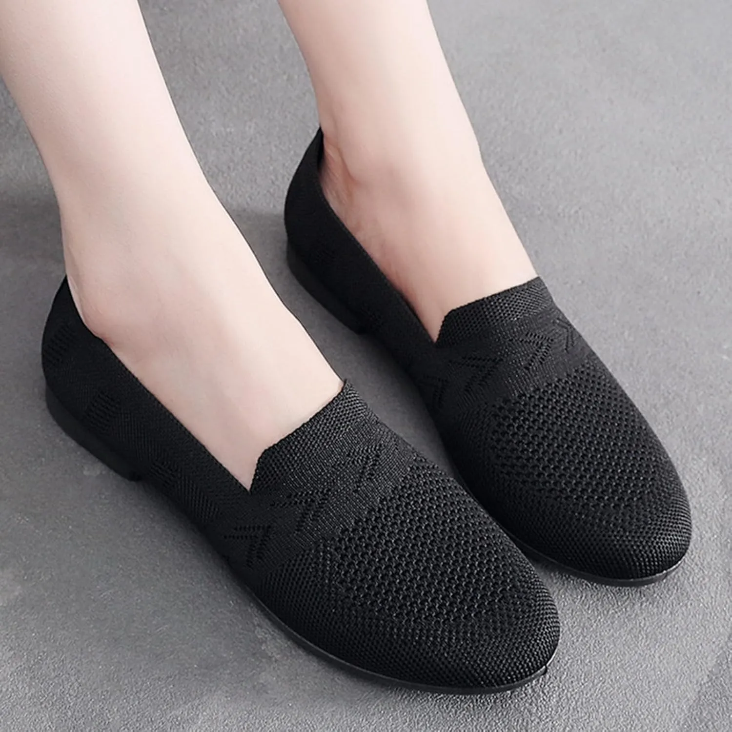 Women's Low Heel Casual Shoes Mesh Breathable Slip On Sneakers Comfortable Wide Width Work Shoes Summer Knit Flats