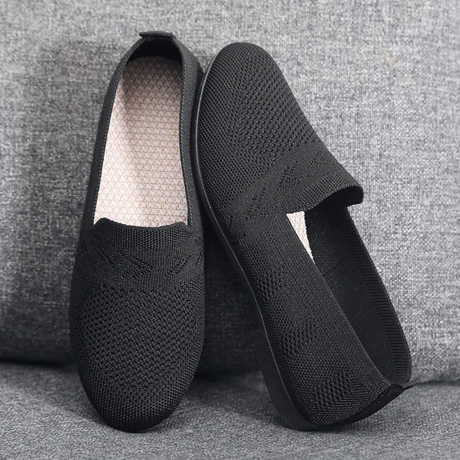 Women's Low Heel Casual Shoes Mesh Breathable Slip On Sneakers Comfortable Wide Width Work Shoes Summer Knit Flats