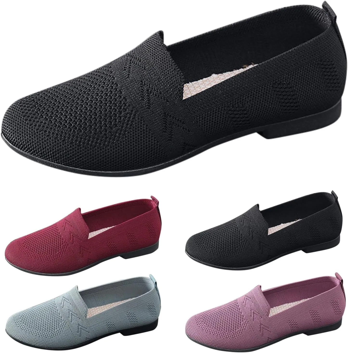 Women's Low Heel Casual Shoes Mesh Breathable Slip On Sneakers Comfortable Wide Width Work Shoes Summer Knit Flats