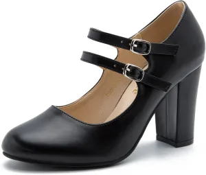 Women's Mary Jane Dress Shoes Double Strap Closed Round Toe Block High Heel Pumps