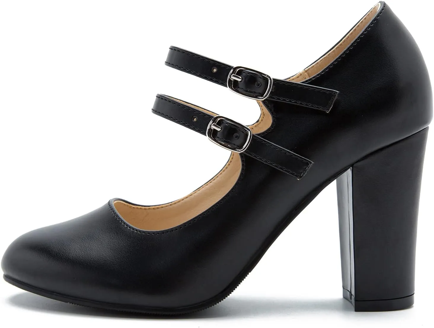 Women's Mary Jane Dress Shoes Double Strap Closed Round Toe Block High Heel Pumps