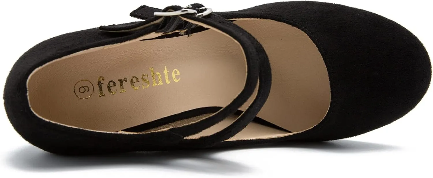 Women's Mary Jane Dress Shoes Double Strap Closed Round Toe Block High Heel Pumps