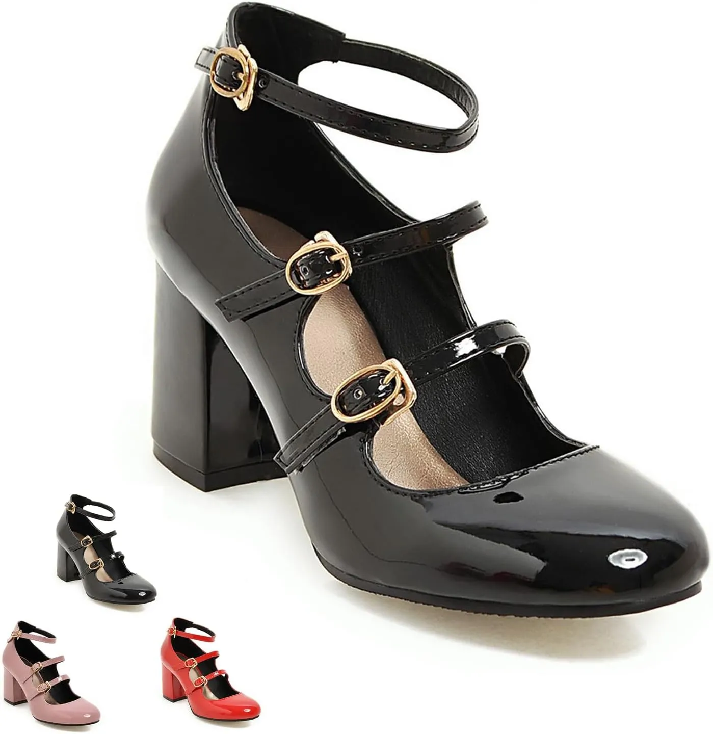 Women's Mary Janes Chunky High Heels Pumps,Vintage Patent Leather Adjustable Triple Strap Buckle Comfort Round Toe Closed Toe Sweet Office Wedding Party Dress Shoes