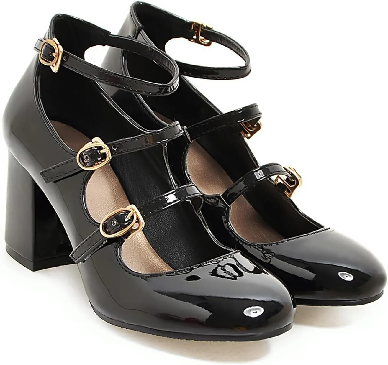 Women's Mary Janes Chunky High Heels Pumps,Vintage Patent Leather Adjustable Triple Strap Buckle Comfort Round Toe Closed Toe Sweet Office Wedding Party Dress Shoes
