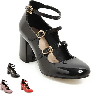 Women's Mary Janes Chunky High Heels Pumps,Vintage Patent Leather Adjustable Triple Strap Buckle Comfort Round Toe Closed Toe Sweet Office Wedding Party Dress Shoes