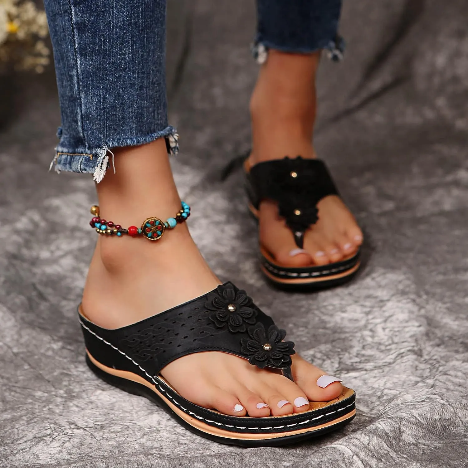 Womens Orthopedic Sandals Summer Casual Flip Flops Arch Support Adjustable Straps Thick Cushion Comfortable Walking Beach Shoes